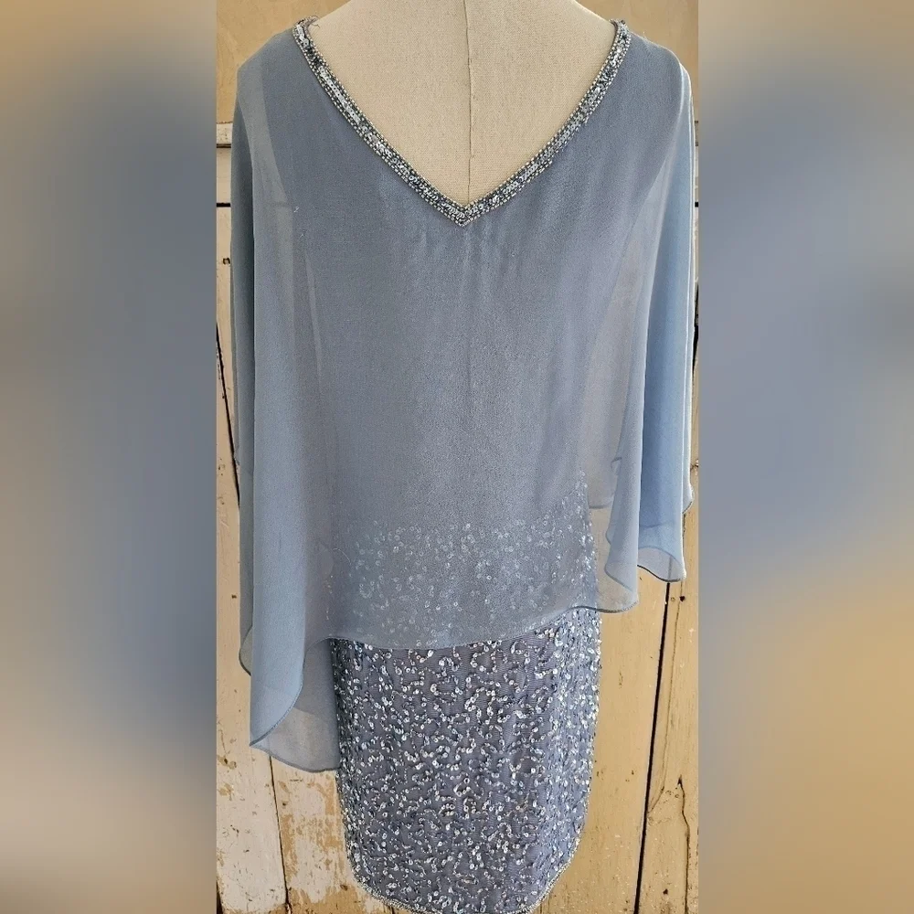JKARA Blue Sequence Asymmetrical Cape/Shawl Flutter Sleeves Sheath Dress-Size 6P - Picture 6 of 9